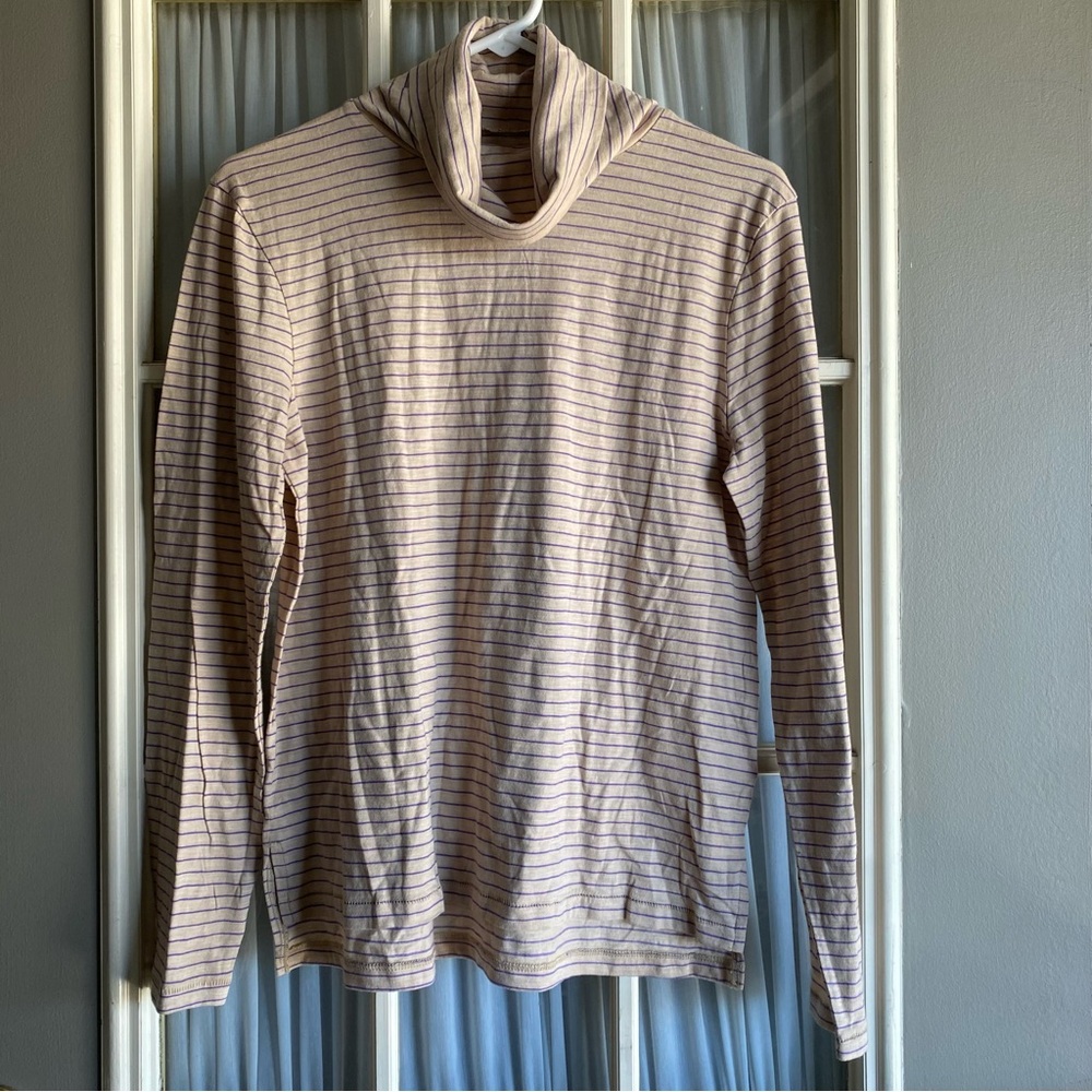 NWT Madewell Whisper Cotton Beige Turtleneck with Purple Pinstripes